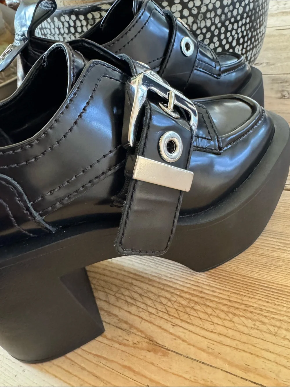 Larroude Black Patent Platform Loafers with Silver Eyelets